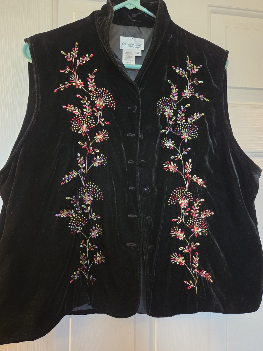 Vintage Coldwater Creek Black Velvet Vest with Bright Floral Embroidery